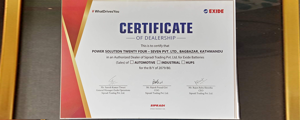 CERTIFICATE OF DEALERSHIP TO POWER SOLUTION